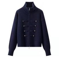 2026 Retro Chinese Style Frog Button Zipper Knit Cardigan - Women's Autumn/Winter Versatile Half-High Collar One Size tamsiai mėlyna