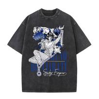 Washed Vintage Anime JoJo Bizarre Adventure Higashikata Josuke Graphic T-shirt Men Women Manga Casual Cotton T Shirts Streetwear S black