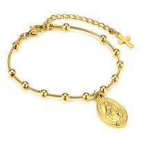 Stainless Steel Virgin Mary St Benedict Cross Bracelet, Bead Chain Bracelet Women Religious Jewelry beige