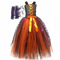 Orange Black Witch Gown Tutu Dress with Witch Hat Broom Kids Full Length Halloween Costume Girls Carnival Party Disguise Outfit L(6-7Y) black