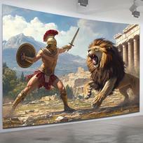 VIKAMA Spartan Warriors vs Lion Wars Roman Empire Scene Living Room Wall Decoration Tapestry Home Decoration 74x94cm(29x37in) gray