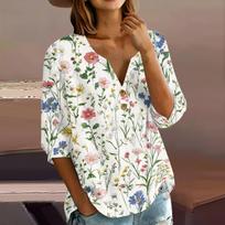 Women’s Casual Printed Henley Neck 3/4 Sleeve Cotton Linen Shirt with Button Front and Relaxed Fit for Daily Wear XL brown
