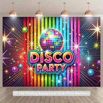 One disco party background banner - neon ball design with rainbow stripes pattern 47.2x31.5inch/120*80cm blue