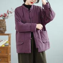 Women's Zen-Style Cotton Padded Jacket with Frog Buttons - Artistic Chinese Winter Top Medium violetinė