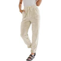 Women Corduroy Pants High Waist Baggy Drawstring Elastic Waist Casual Trousers Loose Fit L white