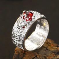 Retro Lucky Pixiu Ring for Men and Women Yellow Garnet Trendy Six-Word Mantra Opening one size(6-13) gray
