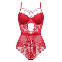 Elegant Lace Thong Bodysuit with Supportive Top and Stylish Back Design Bust 80B raudona