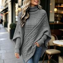 Women's Cable Knit Sleeve Sweater High Neck Cape Knit Pullover Top S gray