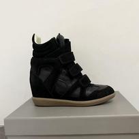 Autumn Velcro Women's Shoes Wedge Heel Color Matching Sports Casual Shoes Leather High-top Shoes 39 juoda