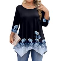 Moteriški didelių dydžių marškiniai 3/4 rankovėmis, apvalia iškirpte, tunikos viršus, pagrindiniai laisvo kirpimo marškinėliai, L-5XL XL black