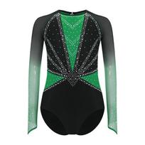 Merginų gimnastikos triko permatomos tinklinės ilgomis rankovėmis, su raktu skylutės formos nugara, blizgančiais kalnų krištolais, spalvų blokų kostiumas 5-6 Years žalia