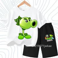 Children's Plants Vs. Zombies Short-Sleeved T-Shirt Set Cotton Summer Fashion Comfortable Top+pants for Boys and Girls 140 black