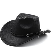 Western suede upturned edge Western cowboy hat Men's and women's outdoor horseback riding travel hat Rolled brim ethnic style top hat M（56-58cm） juoda