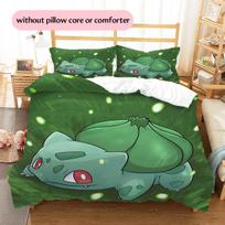 Pokémon Bulbasaur rašto patalynė Namų dekoracija Gimtadienio dovana (1 * antklodės užvalkalas + 2 * pagalvės užvalkalai, be šerdies) 140x200cm