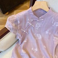 Women Floral Print Mandarin Collar Qipao Style Blouse M violetinė