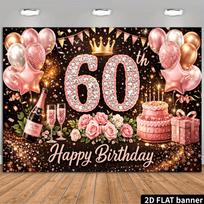 60th Birthday Party Banner Backdrop, Rose Gold Rhinestone 60 Crown Balloon Champagne Rose Cake, Polyester, Party Decor 39.37*59.06in brown