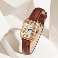 Lucky Fox Women Quartz Watch Square Alloy Case Soft Strap Roman Dial Vintage Minimalist Daily Dress Wristwatch Jewelry Gift brown