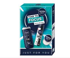 Rinkinys Nivea Men Time to Focus vyrams: dušo želė, 250 ml + purškiamas antiperspirantas, 150 ml + veido ir kūno kremas, 30 ml