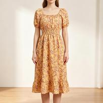 Women Casual Square Neck Floral Print Short Sleeve Waist Cinched Ruffle Hem Midi Dress for Daily Wear M geltona
