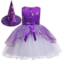 Mergaitės žvaigždžių siuvinėtas raganos tiulio suknelės kostiumas su skrybėle, Vaikų Helovino Cosplay kostiumas 140cm violetinė