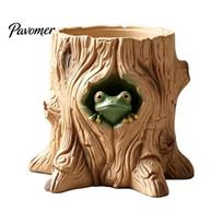 Desktop Storage Organizer Frog Tree Tube, 3D Printed Realistic Stump Container, Cute Desk Decor for Office Functional Pen Holder Supplies And beige