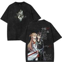 Sword Art Online Kirito Dvigubi Kardai Dvipusiai skalbti marškinėliai Aincrad pilis Juodi Vintažiniai Anime Per dydžio laisvalaikio marškinėliai S gray