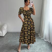 Women Square Neck Short Sleeve Floral Print A Line Maxi Dress with Puff Sleeves and Flowing Hem for Casual and Daily Wear S auksas