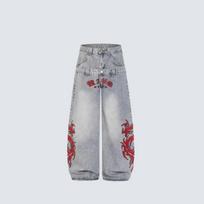 VibeStreet Streetwear Casual Light Blue Baggy Jeans Men Heavy Flame Red Embroidery Chain Detail Oversized Wide Leg Fashion Pants Y2K S gray