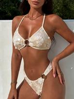 Push Up Thong Bikinis Sexy Women Swimsuits Female Swimwear Solid Bikini Set Bathing Suit Swimming Suits Beachwear Biquini L smėlis