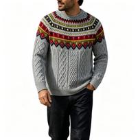 Men's Retro Geometric Cable Knit Neck Long Sleeve Pullover Sweater for Fall Winter L gray