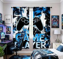2PCS Digital Printed Curtains, Ink Blue Game Controller Pattern, Gamer E-sports Style for Living Room Bedroom Game Room Decor 60x150cmx2&Rod pocket &2 panels white