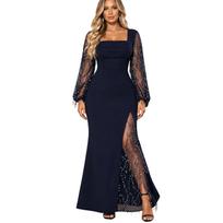 Women's Plus Size Sequin Tulle Formal Dress Square Neck Long Sleeve High Slit Evening Party Hostess Gown L tamsiai mėlyna