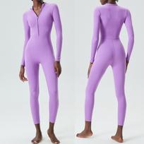 Women Gym Running Suit Solid Color One Piece Yoga Set Buttery Soft Slim Fit Jumpsuit Long Sleeve Sportswear Workout Clothes M violetinė