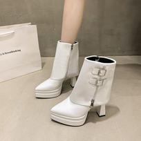 Comemore New Pointed Ultra-high Heel Boots for Women Belt Buckle Side Zipper Trouser Short Botines Thick Bottom Women's Shoes 34 balta