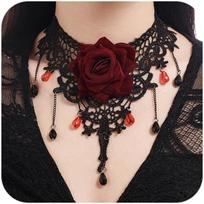 Gothic Black Lace Red Rose Flower Choker Neckalce Vintage Crystal Pendant Collar Chain Accessories for Halloween Wedding Bridal Party brown