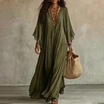 Women's Lace V-Neck Sleeve Long Flowy Maxi Dress for Beach Vacation XL armijos žalia spalva