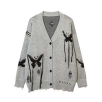 Unisex V-Neck Knit Cardigan With Contrast Butterfly Motif Oversized Streetwear Sweater In Black Gray Acrylic XXL pilka