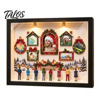 Lighted Christmas Shadow Box DIY Frame Set, Mini Museum with 8pcs Figurines, Diy Photo Frames, Memories Keepsake for Festive Display, Home Decor Craft beige