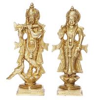 Grymo žalvario Radha Krishna statulėlė, Radha Krishan stabas, dekoratyvinė figūrėlė, auksinė beige