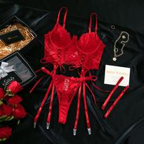 Moteriškas vasaros seksualus nėrinių apatinio trikotažo komplektas, Elegantiška suvarstoma juostele push-up liemenėlė su stringais, Madingi intymūs drabužiai M raudona