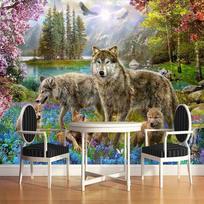 Miško Tapetai Raudonos Persiko Žiedai 3D Sienos Freska Pilkas Vilkas Gyvūnas Vaikams Freska Vaikų Kambario Freskos Dekoras 200 cm(W) x 140 cm(H) gray