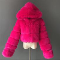 Aukštos kokybės pūkuoti apkarpyti dirbtiniai kailiniai moteriški paltai ir švarkai su gobtuvu žieminė striukė Manteau Femme S ryškiai rožinė