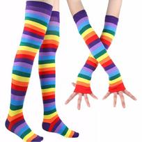 Women Rainbow Striped Thigh High Socks Arm Warmers Set Over Knee Stockings Fingerless Gloves Mittens Party Accessories 1 blue