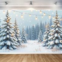 Snow-Covered Winter Banner Pine Tree Forest Backdrop String Lights Wintery Snowy Display for Winter Celebrations Christm 59×39inch/150*100cm gray