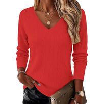 Women's Cable Knit V-Neck Sweater Long Sleeve Pullover Top for Fall and Winter Casual Wear L raudona