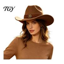Autumn Winter Warm Fedora Unisex Western Cowboy Hat, Wool Felt Hat with Faux Leather Fashion Band, Retro Wide Brim Cowgirl for Men Women Casual Daily kava