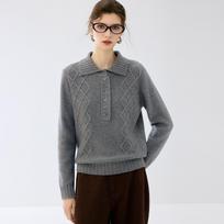 Cashmere Cable Knit Polo Collar Loose Long-Sleeve Sweater for Autumn/Winter L gray