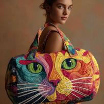 3D Cat Print Quilted Duffel Bag Large Travel Tote Bag Women Yoga Gym Overnight Bag 16inch x 8inch x 8inch brown