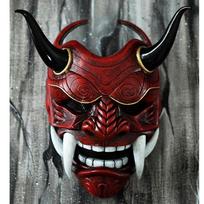 Japanese Oni Mask Headset Red Ghost Face Fangs Halloween Cosplay Prop Red Horn Style