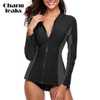 „Charmleaks“ moteriški ilgomis rankovėmis užtrauktuku „Rashguard“ maudymosi kostiumėliai „Burfing Top Rash Guard“ užtrauktuku UPF50+ L juoda/pilka spalva